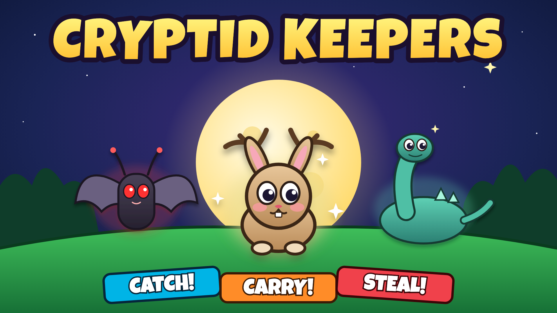 Cryptid Keepers: a Jackalope, Mothman Jr. and a Lochling in front of a full moon